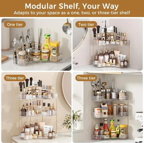 Vista 6 de BEFSOP Organizador de esquina para mostrador de baño, organizador de maquillaje mejorado de 2 niveles con soporte para brochas de maquillaje