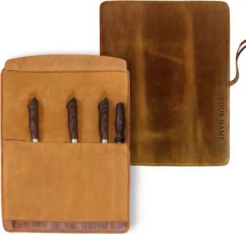 Vista 10 de ELIZO Bolsa de rollo para cuchillos de cuero, estuche para cuchillos de chef profesional, funda duradera para cuchillos, almacenamiento portátil