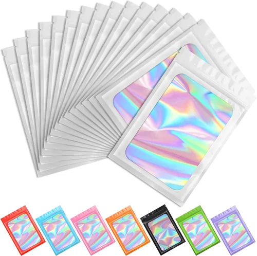 Vista 17 de Funfery 100 bolsas holográficas de Mylar naranja, cremallera resellable
