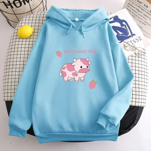 Vista 2 de Linda sudadera con capucha Kawaii estética Y2K con bolsillo deportivo de gran tamaño para niña, estampado de vaca de fresa, camiseta de manga larga