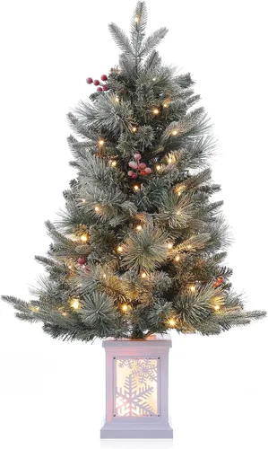 Vista 18 de Árbol de Navidad de 3 pies con base de reno, árbol de Navidad artificial esmerilado con 78 luces LED, caja de batería de 8 modos, decoraciones