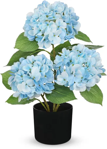 Vista 14 de Hollyone Flores artificiales de hortensias azules en maceta, flores grandes de seda de tres cabezas, arreglos florales falsos para interiores
