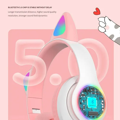 Vista 3 de Auriculares de oreja de gato Bluetooth 50 lindos auriculares de gato plegables de alta fidelidad efecto estéreo efecto de luz arcoíris efecto de luz