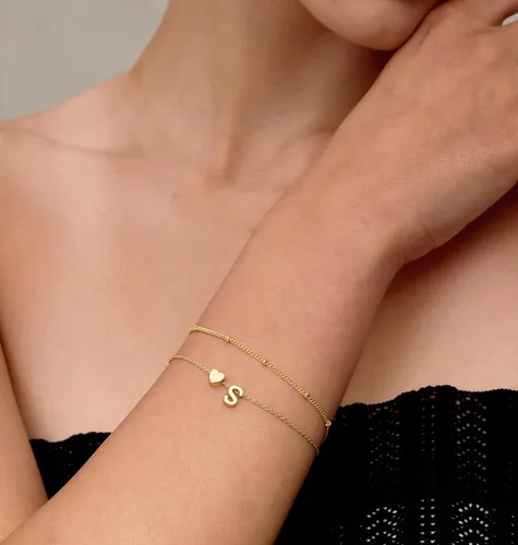 Vista 6 de DEARMAY Delicadas pulseras de oro con inicial de corazón para mujer, a la moda, de oro real de 14 quilates, pulsera con dije de letra, joyería linda