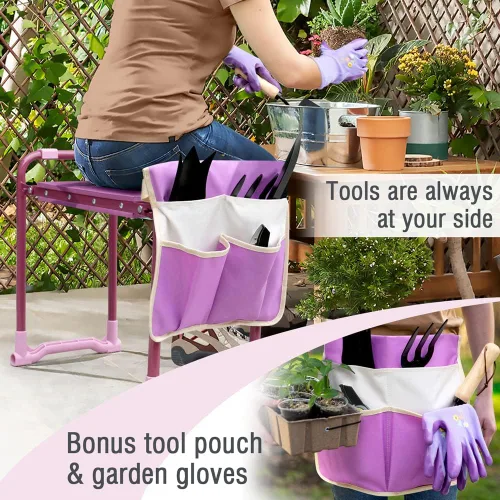 Vista 7 de Colwelt Taburete de jardín con marco de acero resistente y resistente, asiento de jardín y banco de rodillas con bolsa de herramientas, almohadilla