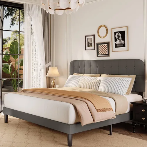 Vista 10 de Gizoon Base de cama Queen con cabecero, cama de plataforma tapizada con listones de madera resistentes, sin ruido, no necesita somier, fácil