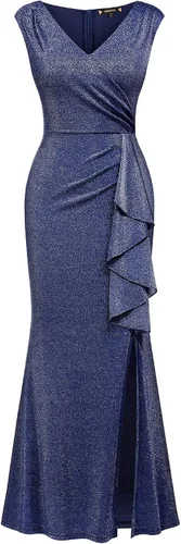Vista 5 de Miusol Vestido largo sin mangas con cuello en V profundo para mujer, con volantes y abertura para boda
