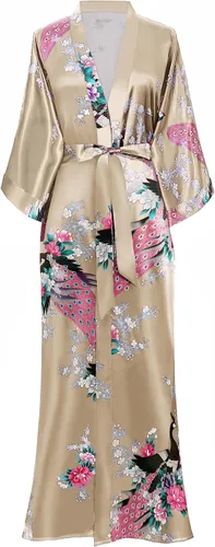 Vista 17 de BABEYOND Bata tipo kimono para mujer, bata larga de satén con estampado de pavo real y flores Verde
