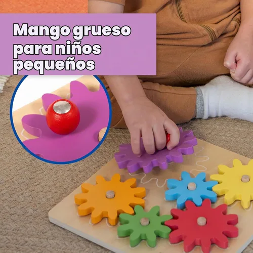 Vista 5 de Spark & Wow Spinny Gears - Tabla de engranajes de madera con 6 piezas en 3 tamaños Juguetes de causa y efecto Crea combinaciones coloridas