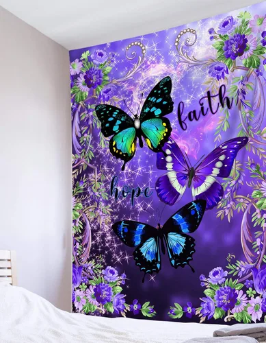 Vista 14 de LB Tapiz pequeño de mariposa colorido para colgar en la pared, diseño psicodélico de flores silvestres 3D, mariposas de fantasía floral, arte