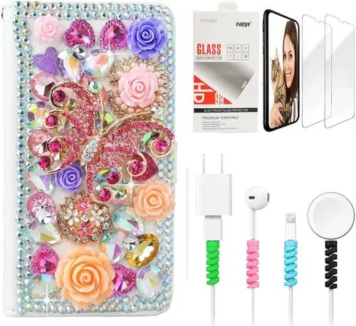 Vista 8 de Bling - Funda de piel con tapa para iPod Touch 5ª, 6ª y 7ª - Elegante - Diseño de flores en 3D - Funda de piel con protector de pantalla y protector