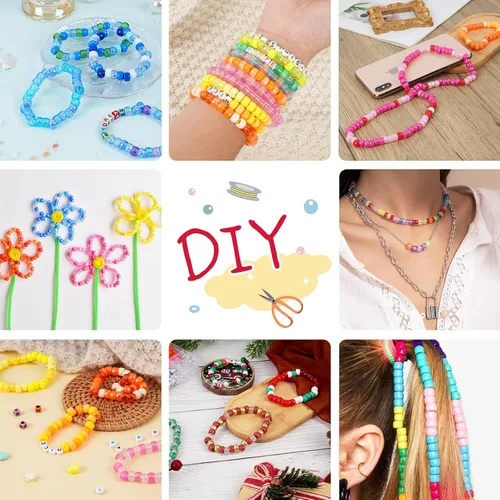 Vista 4 de QUEFE Juego de pulseras de cuentas de poni, 1900 unidades, 48 colores, kit de pulsera de amistad con cuentas Kandi de arco iris, cuentas de letras