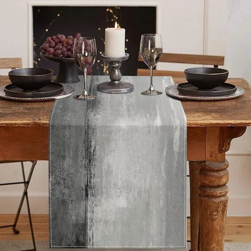 Vista 15 de Emvency - Camino de mesa de estilo granja, pintura de arte abstracto vintage en azul y gris para mesa de cocina, cenas familiares, fiestas, bodas