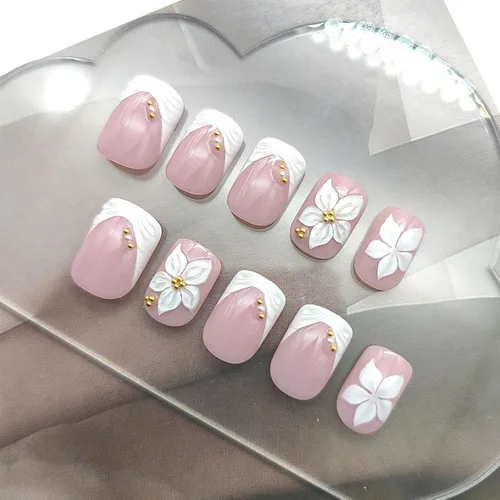 Vista 3 de Uñas postizas a presión con punta francesa, uñas postizas cuadradas cortas con diseños de cuentas de flores 3D, uñas blancas a presión, uñas Blanco