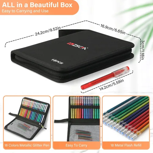 Vista 4 de ZSCM - Juego de 36 bolígrafos de gel con purpurina metálica, 18 colores brillantes con 18 recambios de bolígrafos de purpurina en bolsa de lona