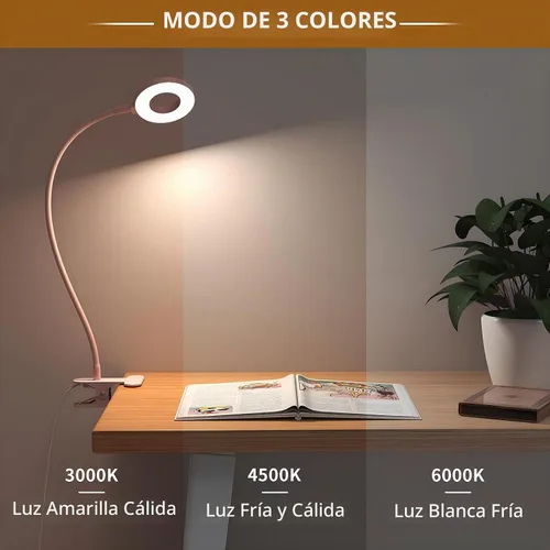 Vista 2 de Lámpara de escritorio iZELL, [3 modos de color y 10 niveles de brillo] luz LED de lectura con abrazadera, brazo flexible de silicona, luz de libro