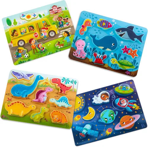 Vista 11 de B. toys Peek & Explore Wooden Chunky Puzzles, Farm Sea Dinos 3-Pack, 3 Pack