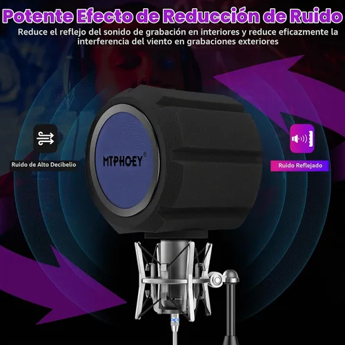 Vista 4 de Paravientos de micrófono con filtro pop con soporte de micrófono de regalo y soporte para teléfono, escudo de grabación, bola de aislamiento