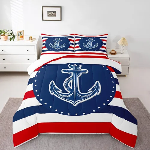 Vista 21 de Juego de edredón de brújula azul marino, tamaño individual, 2 piezas, diseño náutico de vela, estilo simple, para niños, adolescentes, adultos