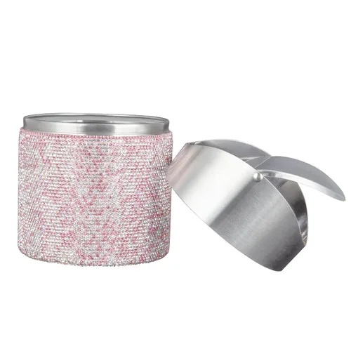 Vista 2 de KEYPOWER Mini basurero con diamantes de imitación con tapa abatible de acero inoxidable, adecuado para encimera, automóvil, mesa (rosa)