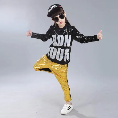 Vista 7 de LOLANTA Disfraz de baile para niños y niñas, ropa de hip hop con lentejuelas de los años 80 y 90, trajes brillantes de baile