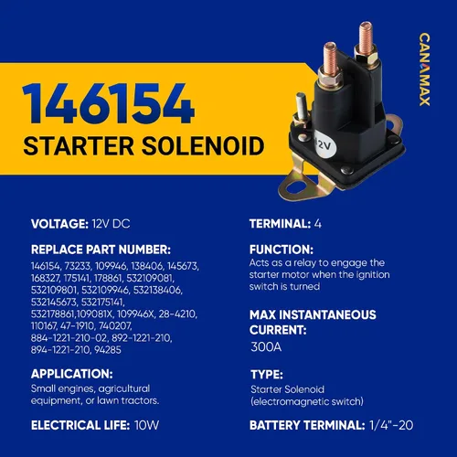 Vista 2 de Canamax 【Actualizado 2026】 Solenoide de arranque de 4 polos 146154 145673 – Compatible con cortacésped Craftsman LT1000 Poulan Husqvarna 2654