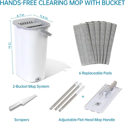 Vista 8 de Kit de trapeador de piso y pared: limpiador de mango largo con escurridor, balde lavable de microfibra para cocina, baño y madera dura