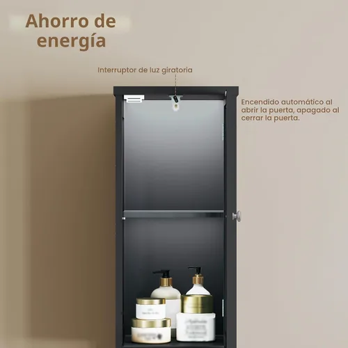 Vista 4 de ChooChoo Armario Alto de Almacenamiento para Baño con Luz, Gabinete de Baño Estrecho de 5 Niveles con 2 Puertas, Gabinete de Ropa Blanca Delgado