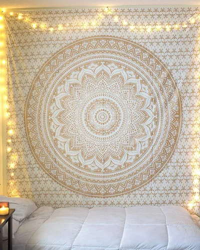 Vista 18 de ANJANIYA - Tapiz para colgar en la pared, diseño de mandala, nuevo sombreado dorado, decoración de dormitorio, metálico, hippy, arte de muro