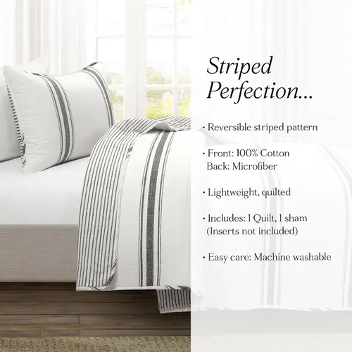 Vista 7 de Lush Decor Juego de edredón reversible a rayas de granja, juego de 2 piezas, individual XL, color negro, juego de ropa de cama de tamaño individual