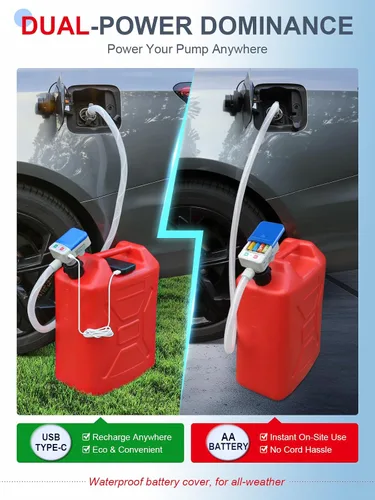 Vista 2 de Bomba de transferencia de combustible de 3.2 GPM, USB tipo C y batería AA, bomba de líquido portátil de manguera de 51 pulgadas con sensor de parada