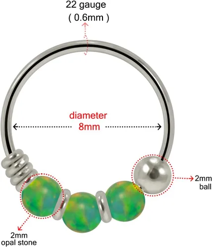 Vista 3 de AtoZ Piercing Triple ópalo bola en oro blanco sólido de 9 K calibre 22 aro nariz anillo joyería