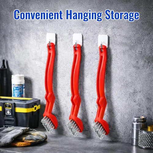 Vista 7 de Paquete de 3 cepillos de alambre de acero inoxidable, cepillo de limpieza resistente de 6.5 pulgadas con mango ergonómico curvado, cerdas de acero