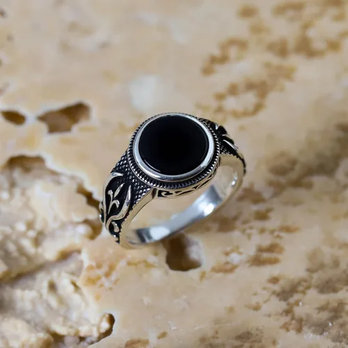 Vista 2 de Anillo de plata de ley 925 maciza con piedra de ónix para hombre otomano hecho a mano turca, regalo para él