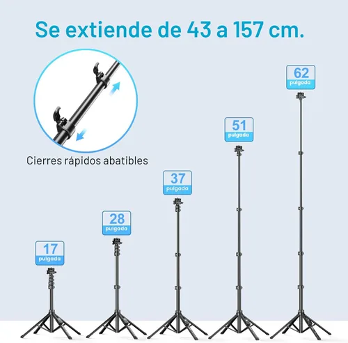 Vista 4 de Fugetek Trípode profesional para teléfono celular de 62", diseño ultra estable de 4 patas, control remoto Bluetooth, bastón y patas 100%
