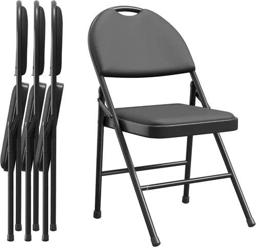 Vista 10 de Paquete de 4 sillas plegables con marco de metal con cojín acolchado y respaldo, asiento tapizado de piel sintética de 350 libras, sillas plegables
