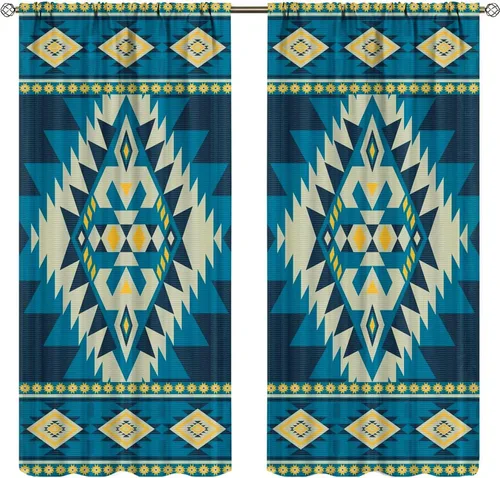 Vista 201 de Cortinas con patrón geométrico tribal, estilo suroeste, azteca, rústico, occidental, nativo americano, opacas, con bolsillo para barra, decoración