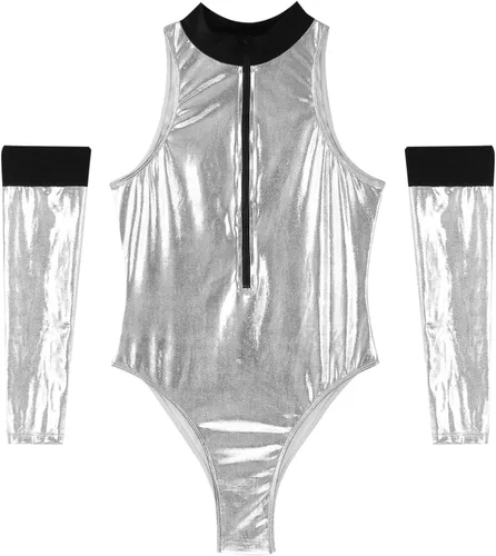 Vista 5 de CHICTRY Body ajustado de cuero brillante con cuello alto falso para mujer, juego de rol de astronauta, fiesta rave, traje con sobremanga