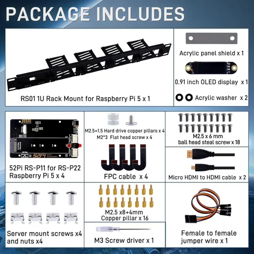 Vista 4 de GeeekPi Soporte de rack de 19 pulgadas para Raspberry Pi 5, con 4 adaptadores PCIe a M.2 NVMe SSD y pantalla OLED, compatible con rack de servidores