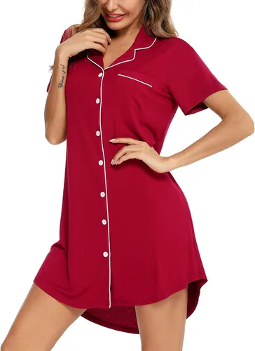 Vista 3 de Pjmlifecoco Camisón para mujer, con botones, manga cortalarga, suave modal, ropa de dormir S-XXL
