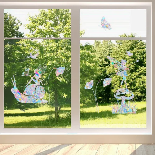 Vista 4 de AREAWA Calcomanías para ventana de pájaro arcoíris (2) – No adhesivas, reutilizables, decoración estática para puertas de cristal, disuasorio