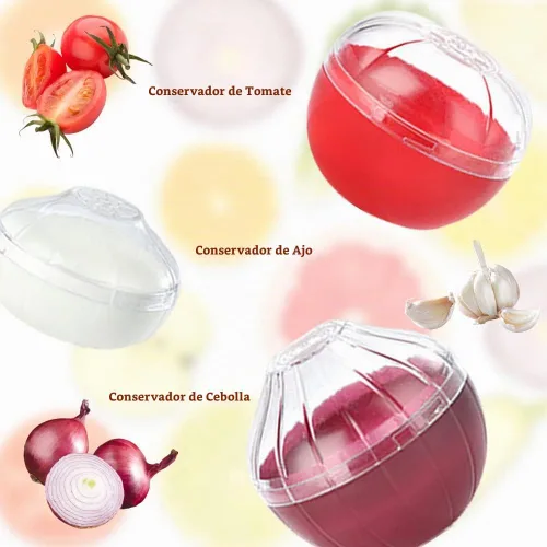 Vista 4 de 6 recipientes de almacenamiento de frutas y verduras, contenedor de almacenamiento reutilizable, limón, naranja, aguacate, cebolla, ajo, tomate