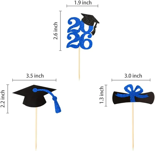Vista 2 de Decoración para cupcakes de graduación con purpurina azul 2026, selecciones de alimentos/aperitivos, suministros de fiesta de graduación de 2026