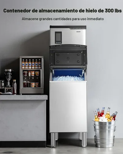Vista 2 de VEVOR Máquina comercial para hacer hielo, máquina de hacer hielo de 300 libras/24 horas, máquina de hielo con contenedor de almacenamiento de acero