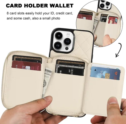 Vista 4 de Bocasal Funda tipo cartera cruzada para iPhone 13 Pro Max, bloqueo RFID de cuero PU con cremallera, bolso cartera con tapa plegable, funda tipo