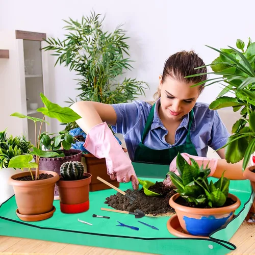 Vista 7 de Tapete de trasplante de plantas para jardín, 2 piezas, impermeable, plegable, para interiores, portátil, cuadrada, bandeja para macetas con 6 piezas