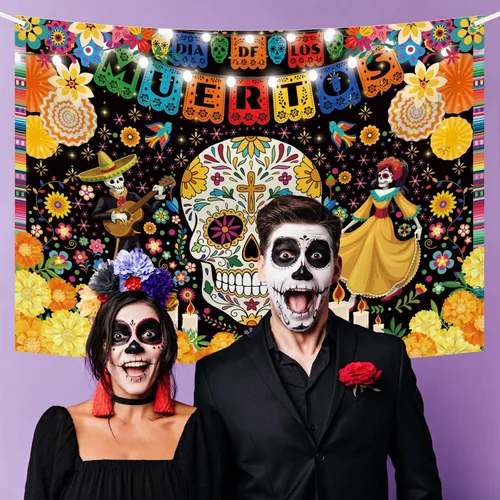 Vista 7 de MEHOFOND Telón de fondo del Día de los Muertos de 7 x 5 pies para fiesta mexicana, Día de los Muertos, decoración de fiesta de cumpleaños, pancarta