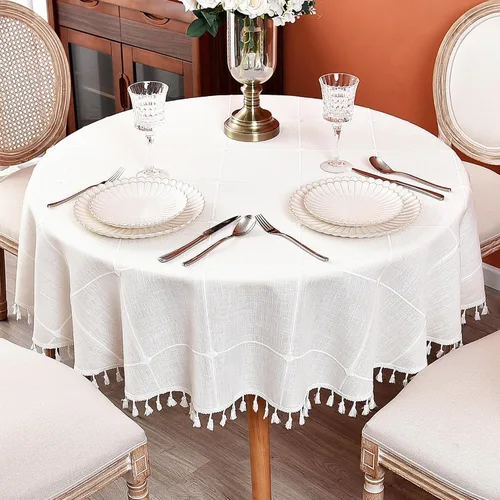 Vista 19 de Mantel redondo a cuadros de 36 pulgadas de algodón y lino, mantel redondo grueso, cubierta para mesa de café para casa de campo, cocina, comedor