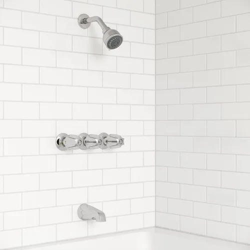Vista 4 de Pfister Grifo de bañera y ducha de 3 manijas con manijas de metal en cromo pulido
