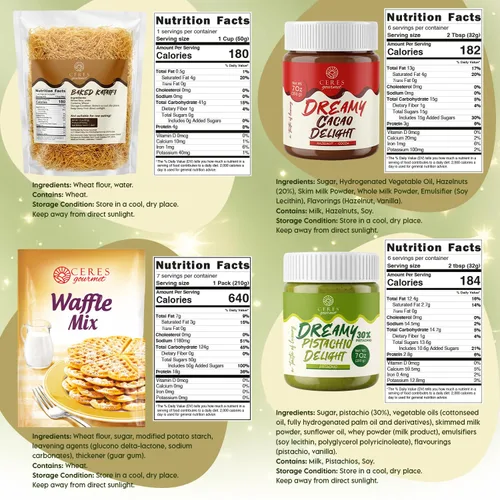 Vista 2 de Ceres Gourmet Kit de chocolate Dubai, Dubai Chocolate Waffle DIY Set que incluye 7 oz de crema de pistacho, 7 oz de avellana con cacao, 1.8 oz